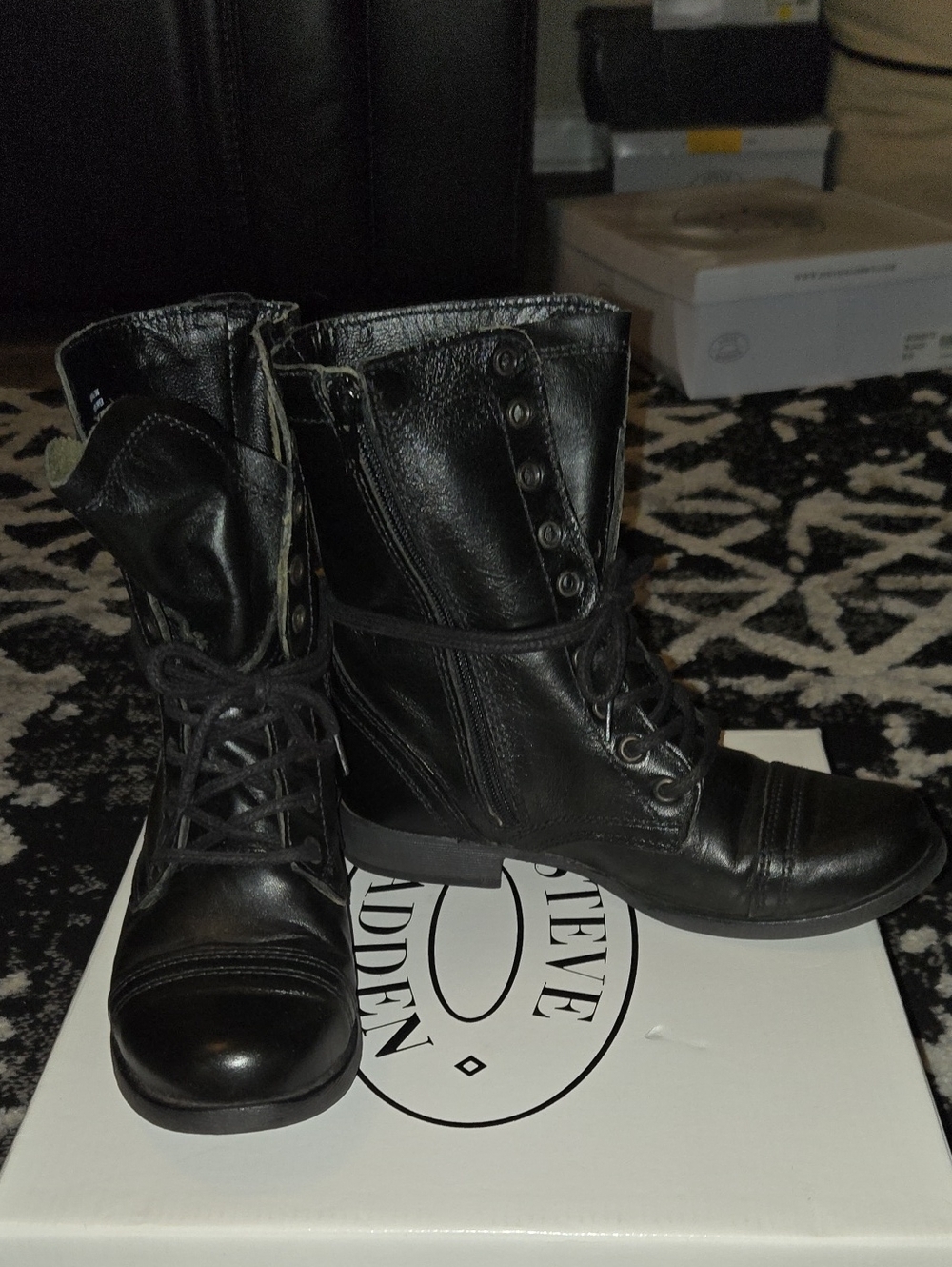 Steve Madden Black Lace-Up Leather Combat Boots